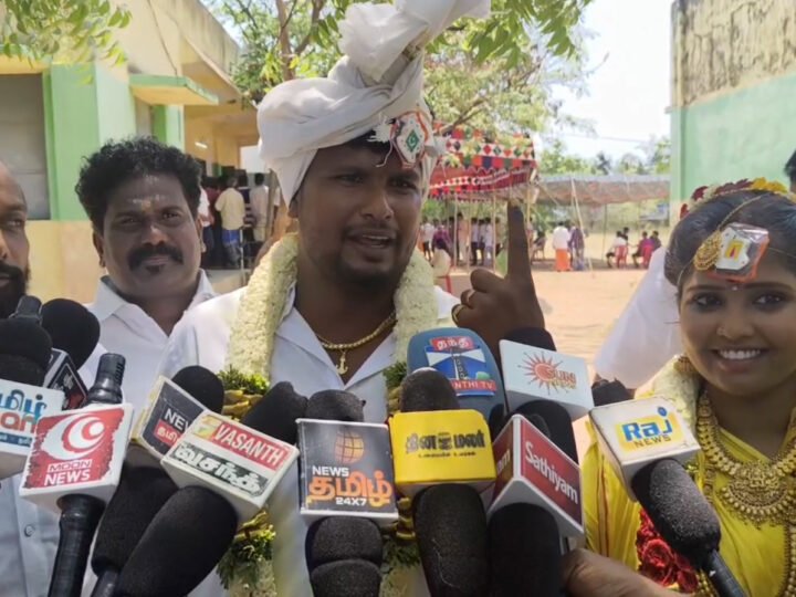 பொன்னேரி அருகே திருமணம் முடிந்த கையோடு ஜனநாயக கடமையை நிறைவேற்றிய மணமகன்