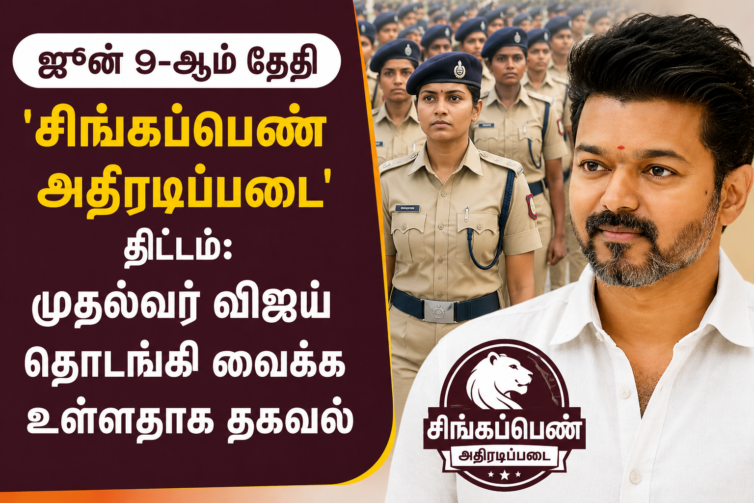 ஜூன் 9-ஆம் தேதி ‘சிங்கப்பெண் அதிரடிப்படை’ திட்டம்: முதல்வர் விஜய் தொடங்கி வைக்க உள்ளதாக தகவல்