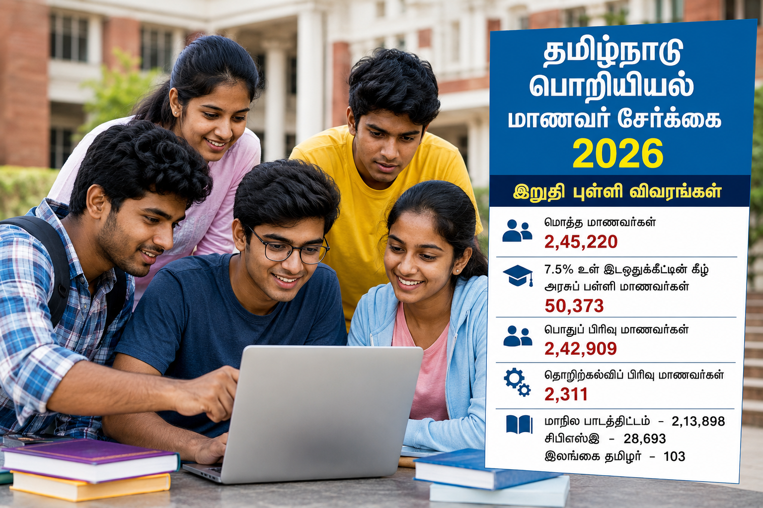 தமிழ்நாடு பொறியியல் மாணவர் சேர்க்கை 2026: 2.45 லட்சம் மாணவர்கள் விண்ணப்பம் – இறுதி புள்ளிவிவரங்கள் வெளியீடு