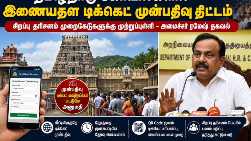 தமிழ்நாடு கோயில்களில் ஆன்லைன் டிக்கெட் முன்பதிவு திட்டம்: சிறப்பு தரிசன முறைகேடுகளுக்கு முற்றுப்புள்ளி – அமைச்சர் ரமேஷ் தகவல்