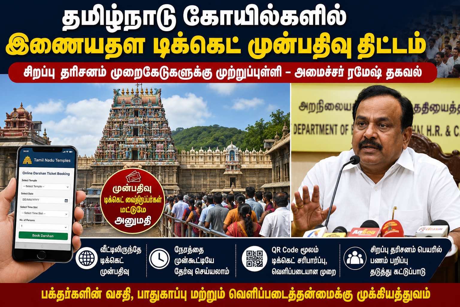 தமிழ்நாடு கோயில்களில் ஆன்லைன் டிக்கெட் முன்பதிவு திட்டம்: சிறப்பு தரிசன முறைகேடுகளுக்கு முற்றுப்புள்ளி – அமைச்சர் ரமேஷ் தகவல்